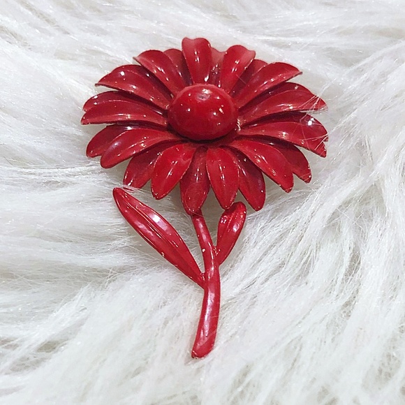Vintage Cherry Red Enamel Floral Sunflower Brooch - Picture 4 of 7